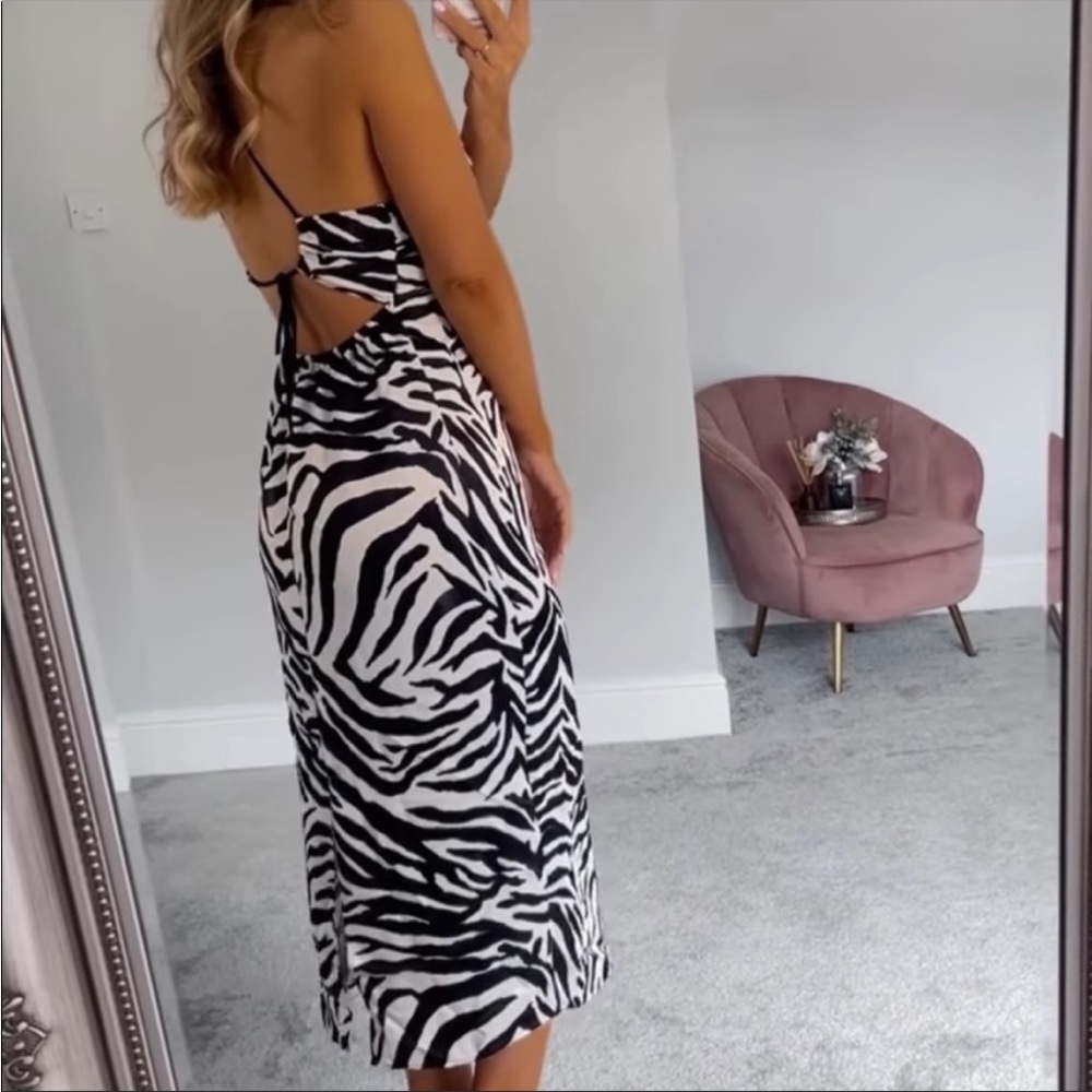 Zara Satin Effect Animal Print Cut Out Midi Dress With Beads